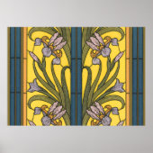 Iris Flower Art Nouveau Glas in lood blauw goud Poster (Voorkant)