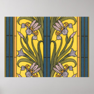 Iris Flower Art Nouveau Glas in lood blauw goud Poster