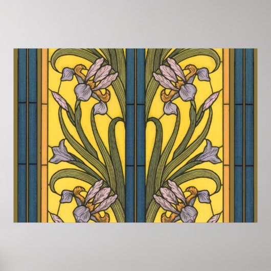 Iris Flower Art Nouveau Glas in lood blauw goud Poster (Voorkant)