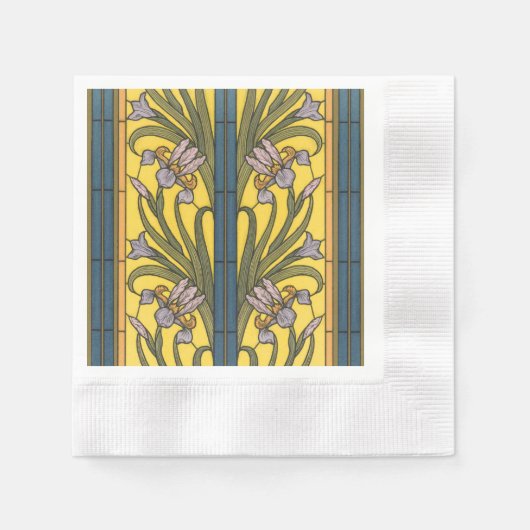 Iris Flower Art Nouveau Glas in lood blauw goud Servet (Voorkant)
