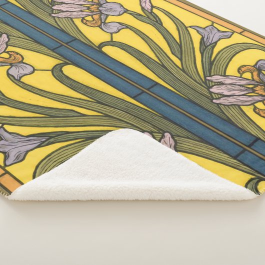 Iris Flower Art Nouveau Glas in lood blauw goud Sherpa Deken (3/4)