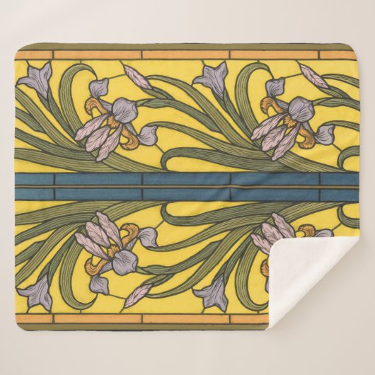 Iris Flower Art Nouveau Glas in lood blauw goud Sherpa Deken (Voorkant (horizontaal))