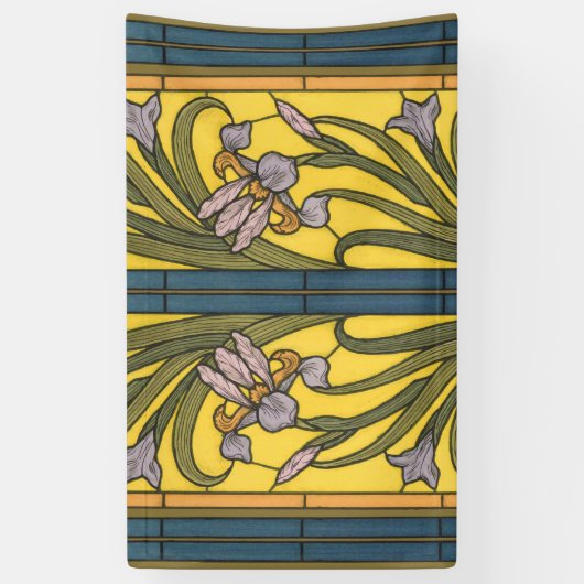 Iris Flower Art Nouveau Glas in lood blauw goud Spandoek (Verticaal)