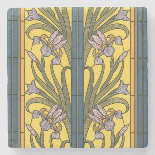 Iris Flower Art Nouveau Glas in lood blauw goud Stenen Onderzetter (Voorkant)