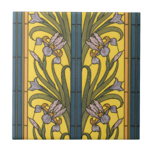 Iris Flower Art Nouveau Glas in lood blauw goud Tegeltje