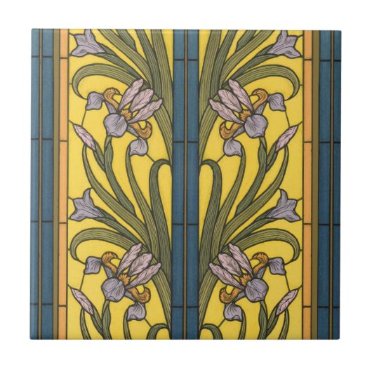 Iris Flower Art Nouveau Glas in lood blauw goud Tegeltje (Voorkant)