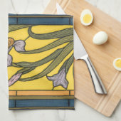 Iris Flower Art Nouveau Glas in lood blauw goud Theedoek (Quarter Fold)