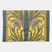 Iris Flower Art Nouveau Glas in lood blauw goud Theedoek (Horizontaal)