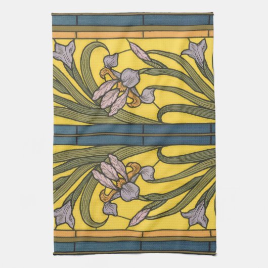 Iris Flower Art Nouveau Glas in lood blauw goud Theedoek (Verticaal)