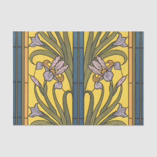 Iris Flower Art Nouveau Glas in lood blauw goud Tissuepapier (Voorkant)