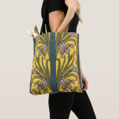 Iris Flower Art Nouveau Glas in lood blauw goud Tote Bag (Dichtbij)
