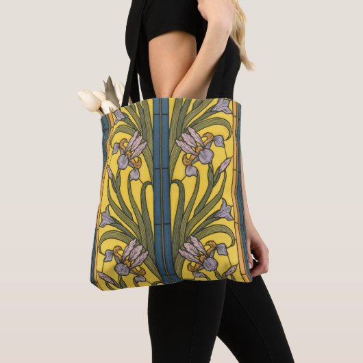 Iris Flower Art Nouveau Glas in lood blauw goud Tote Bag (Dichtbij)
