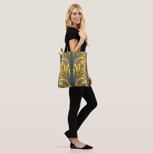 Iris Flower Art Nouveau Glas in lood blauw goud Tote Bag (Op model)