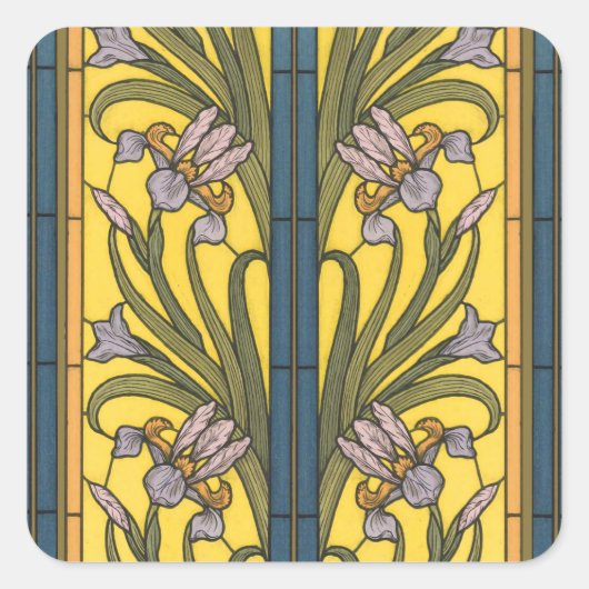 Iris Flower Art Nouveau Glas in lood blauw goud Vierkante Sticker (Voorkant)