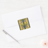Iris Flower Art Nouveau Glas in lood blauw goud Vierkante Sticker (Envelop)
