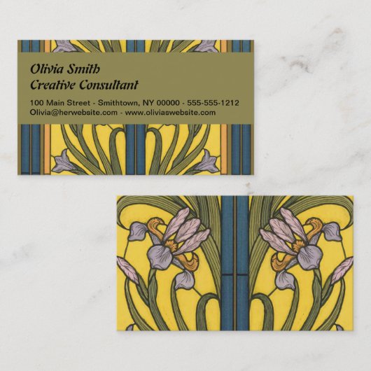 Iris Flower Art Nouveau Glas in lood blauw goud Visitekaartje (Voorkant / Achterkant)