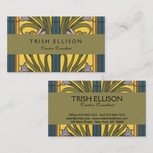 Iris Flower Art Nouveau Glas in lood blauw goud Visitekaartje (Voorkant / Achterkant)