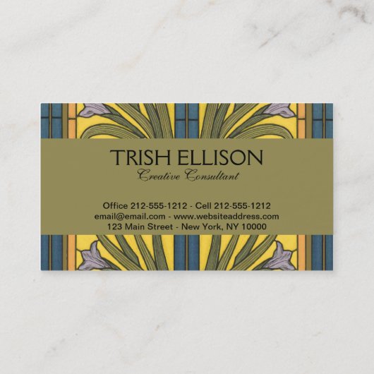 Iris Flower Art Nouveau Glas in lood blauw goud Visitekaartje (Achterkant)