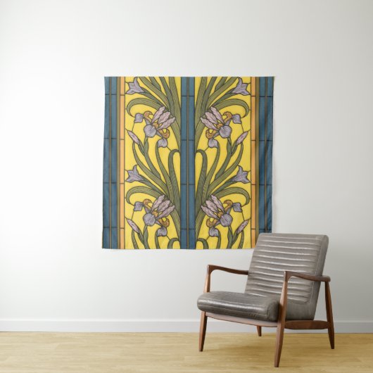 Iris Flower Art Nouveau Glas in lood blauw goud Wandkleed (In situ)