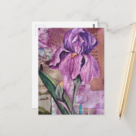 Iris Flower mixed media collage Postcard Briefkaart (Voorkant / Achterkant in situ)