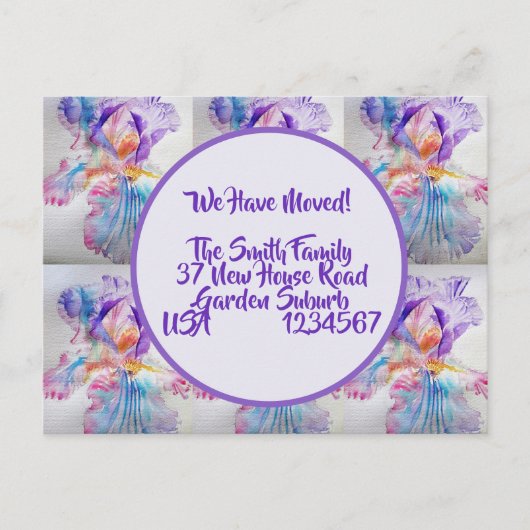 Iris Flowers New Address Briefkaart, We gaan verde Briefkaart (Voorkant)