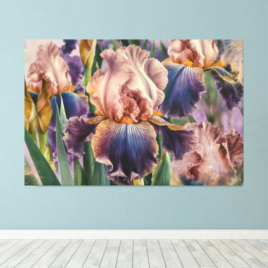 *~* IRIS Irissen Bloemen TV2 Perzik Blauw Canvas Afdruk (Insitu (Houten vloer))
