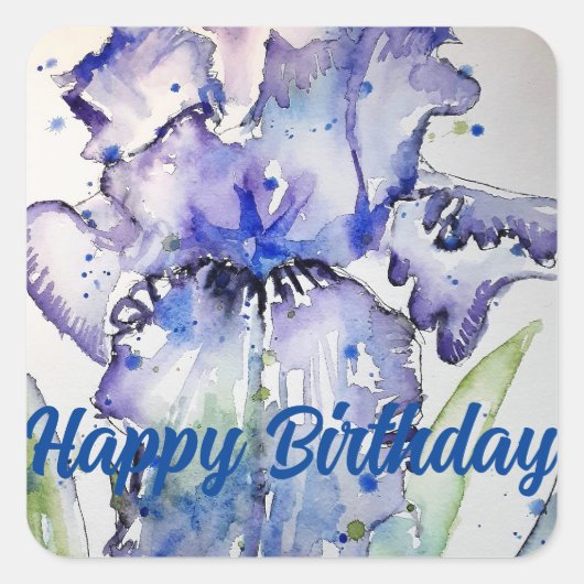 Iris Irissen Paarse Bloem Bloemen Blauw Waterverf Vierkante Sticker (Voorkant)