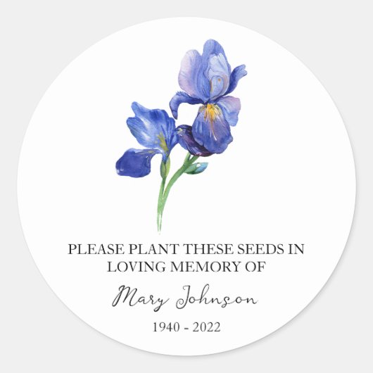 Iris Memorial Funeral Seed Packet Ronde Sticker (Voorkant)
