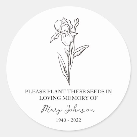 Iris Memorial Funeral Seed Packet Ronde Sticker (Voorkant)