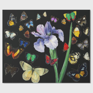 IRIS ONG COLORFUL BUTTERFLIES Black Floral Cadeaupapier