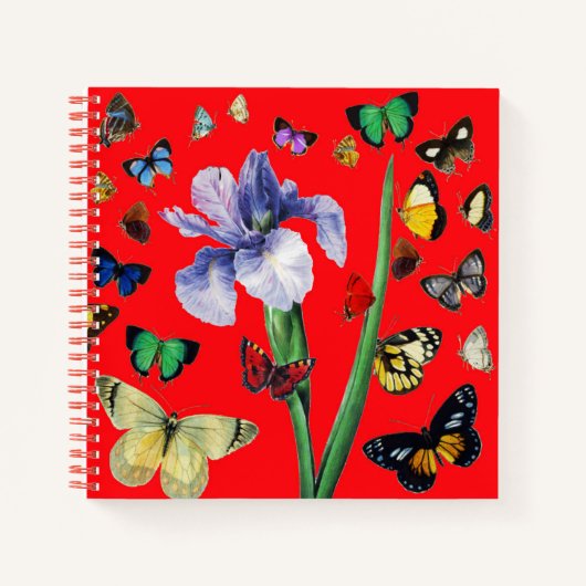 IRIS ONG COLORFUL BUTTERFLIES Red Floral Notitieboek (Voorkant)