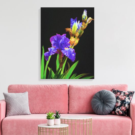 Iris op zwart glad canvas afdruk (Insitu (Woonkamer))