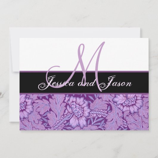 Iris Paarse  Damask Wedding Monogram Invite Kaart (Voorkant)