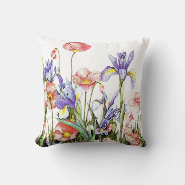 Iris & Poppy Flowers Waterverf Floral Kussen (Voorkant)