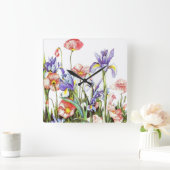 Iris & Poppy Flowers Waterverf Floral Vierkante Klok (Huis)