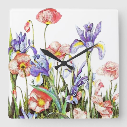 Iris & Poppy Flowers Waterverf Floral Vierkante Klok (Voorkant)