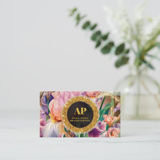 *~ Iris QR Roze AP10 Flowers Goud Visitekaartje (Staand voorkant)