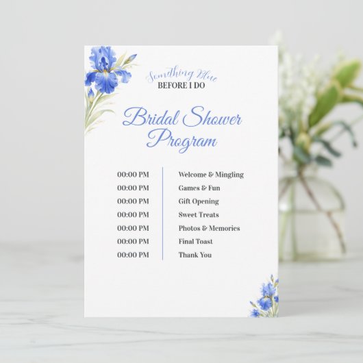 Iris Something Blue Bridal Shower Program Timeline Kaart (Staand voorkant)