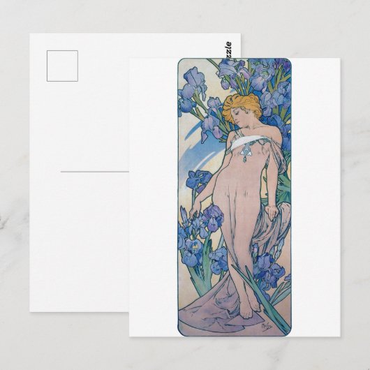 Iris (vier bloemen), Alphonse Mucha Briefkaart (Voorkant / Achterkant)