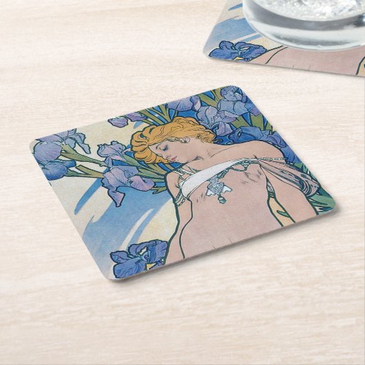 Iris (vier bloemen), Alphonse Mucha Kartonnen Onderzetters (Schuin)