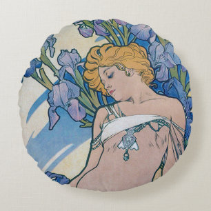 Iris (Vier Bloemen), Alphonse Mucha Kussenhoes Rond Kussen