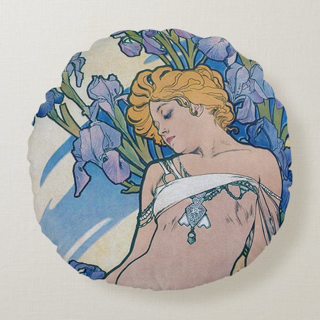 Iris (vier bloemen), Alphonse Mucha Sierkussen Rond Kussen (Voorkant)