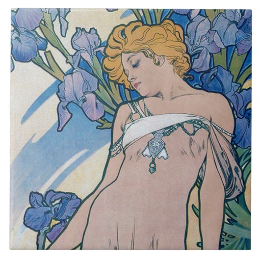 Iris (vier bloemen), Alphonse Mucha Tegeltje (Voorkant)