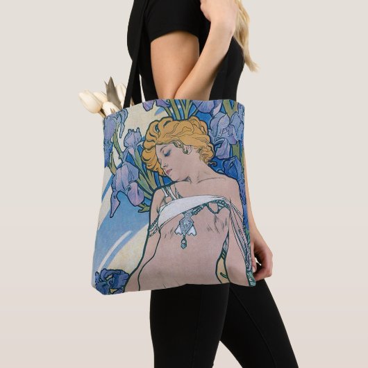 Iris (vier bloemen), Alphonse Mucha Tote Bag (Dichtbij)