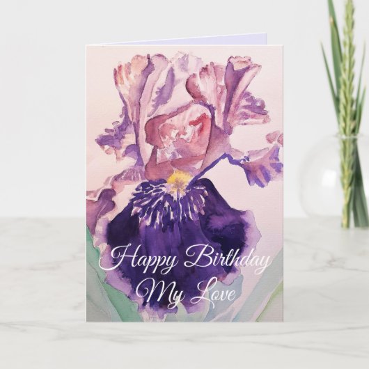 Iris Waterverf Paarse Garden Birthday Greetings Kaart (Voorkant)