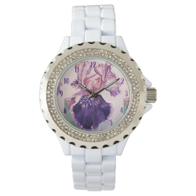Iris Waterverf Paarse kunstbloem schilderen Horloge (Voorkant)