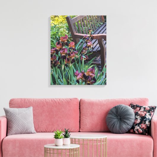Irisbloei en Garden Park Bench Bloemen Canvas Afdruk (Insitu (Woonkamer))