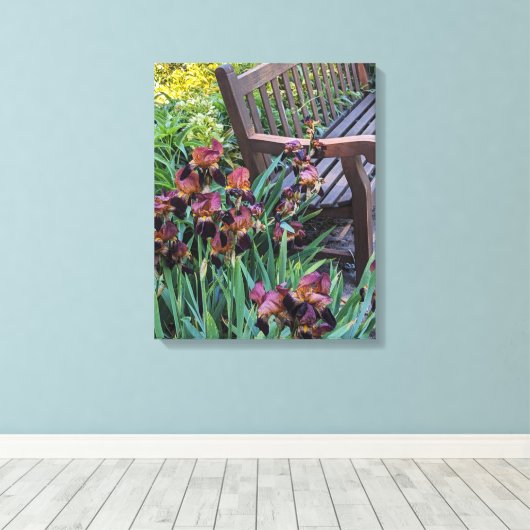 Irisbloei en Garden Park Bench Bloemen Canvas Afdruk (Insitu (Houten vloer))