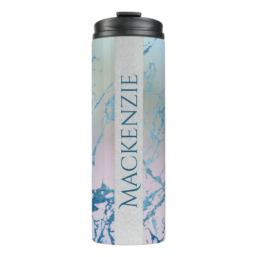 iriserend marmer | Trendy Faux Holo Blauw Roze Thermosbeker (Voorkant)