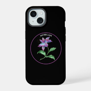 Iriserende Bloem, Paarse Cirkel op Zwart, Naam iPhone 15 Case